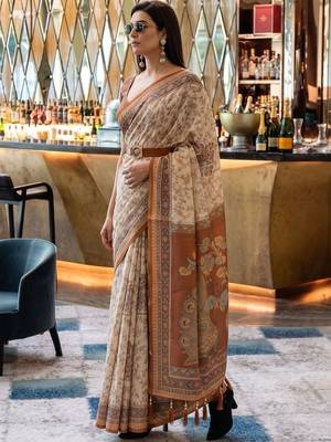 Beige ethnic motifs woven design pure cotton saree 1