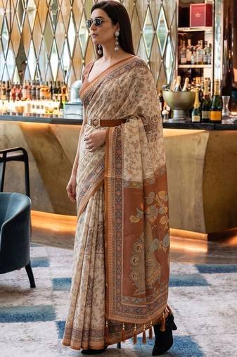 Beige ethnic motifs woven design pure cotton saree