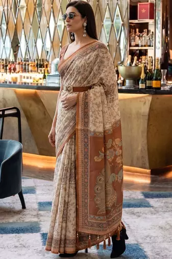 Beige ethnic motifs woven design pure cotton saree