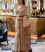 Beige ethnic motifs woven design pure cotton saree