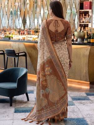 Beige ethnic motifs woven design pure cotton saree 2
