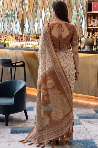 Beige ethnic motifs woven design pure cotton saree