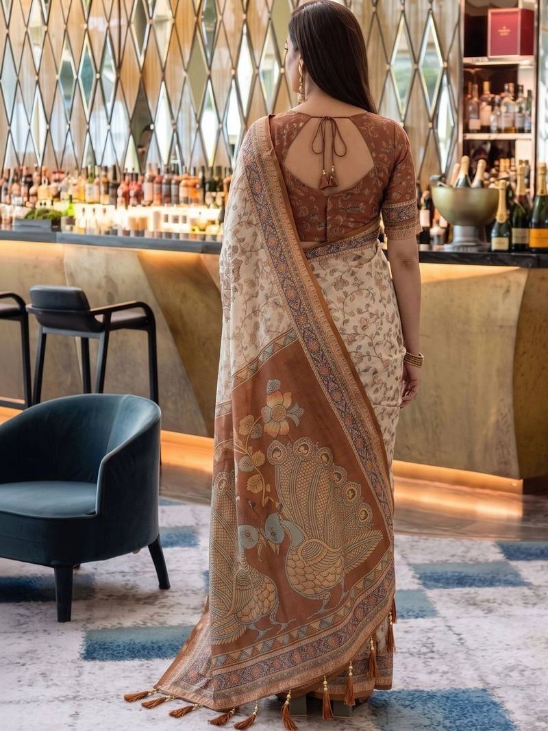 Beige ethnic motifs woven design pure cotton saree