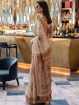 Beige ethnic motifs woven design pure cotton saree 3