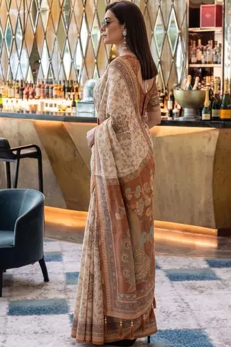 Beige ethnic motifs woven design pure cotton saree