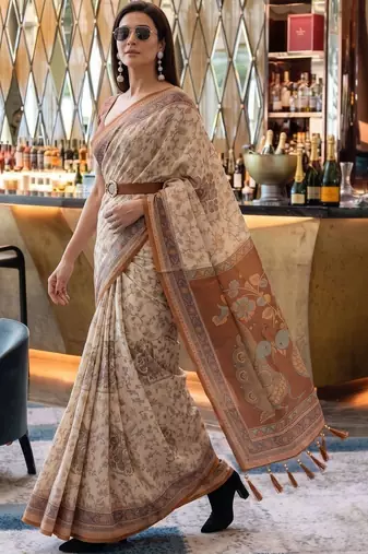 Beige ethnic motifs woven design pure cotton saree