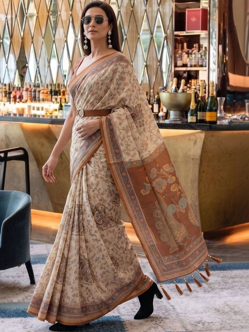 Beige ethnic motifs woven design pure cotton saree