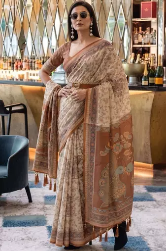 Beige ethnic motifs woven design pure cotton saree