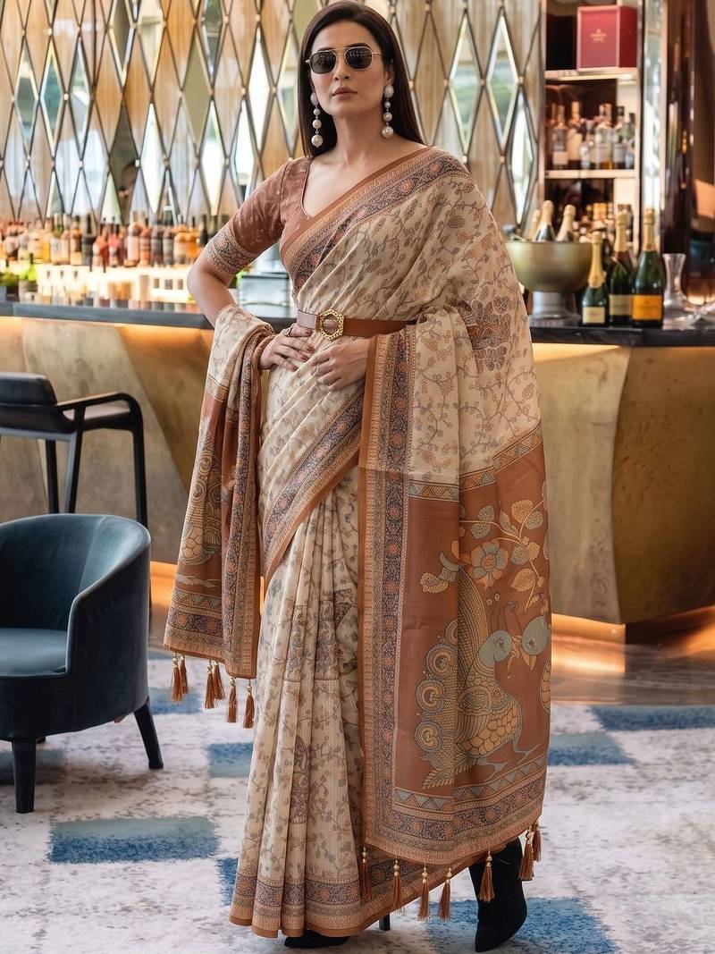 Beige ethnic motifs woven design pure cotton saree
