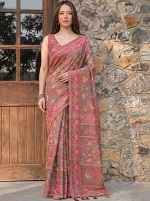 brown floral printed pure cotton saree 1