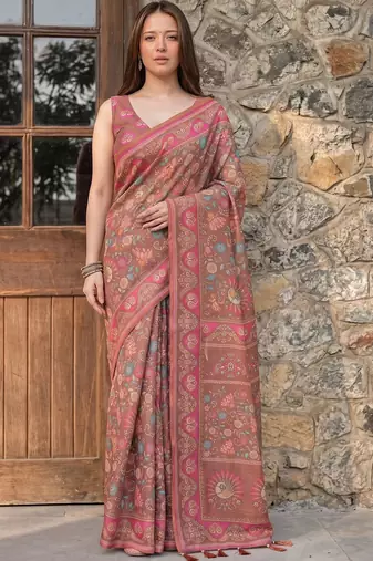 brown floral printed pure cotton saree