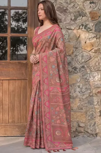 brown floral printed pure cotton saree