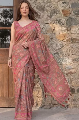 brown floral printed pure cotton saree