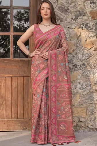 brown floral printed pure cotton saree