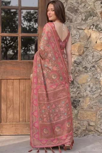 brown floral printed pure cotton saree