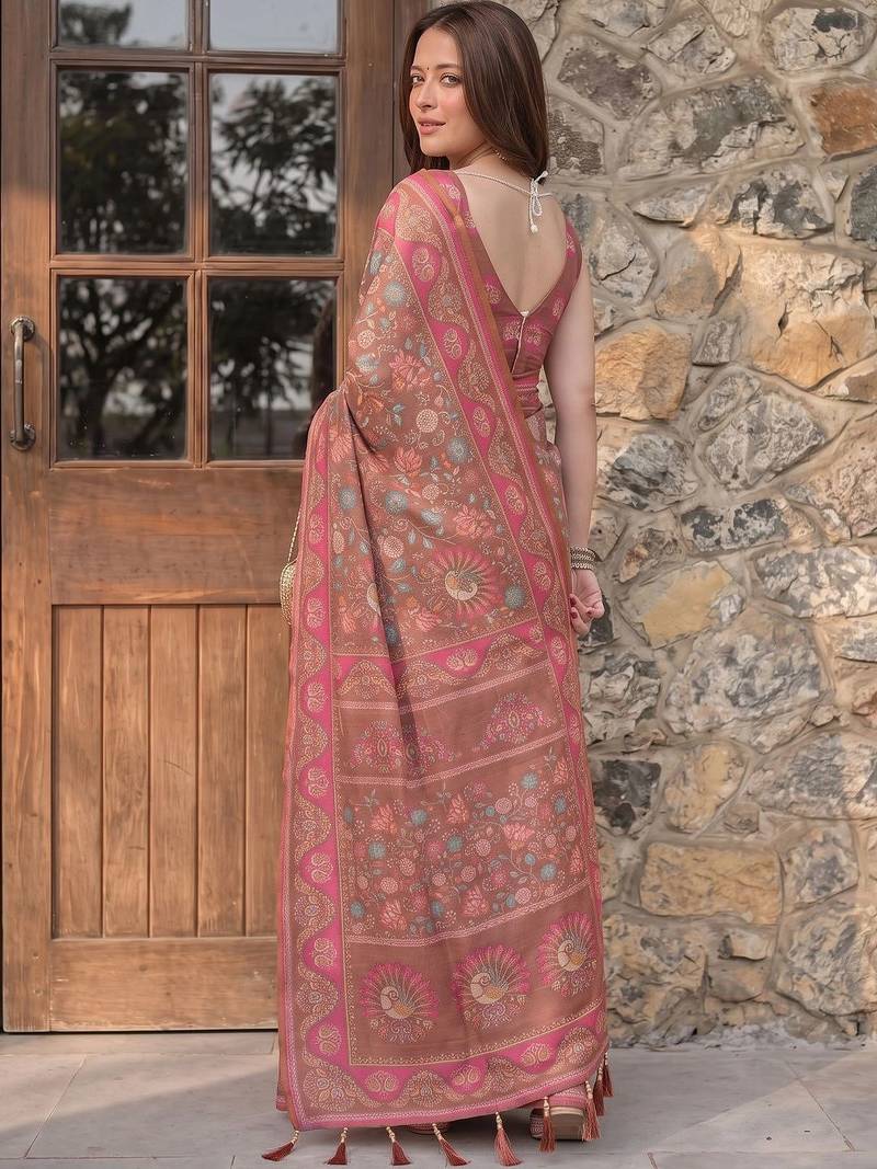 brown floral printed pure cotton saree