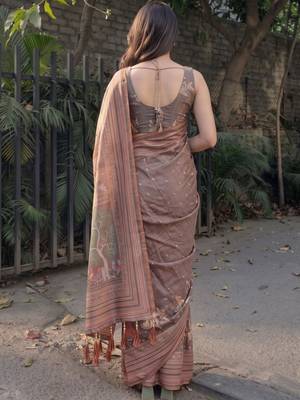 Brown ethnic motifs pure cotton saree 1