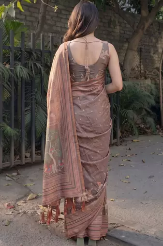 Brown ethnic motifs pure cotton saree