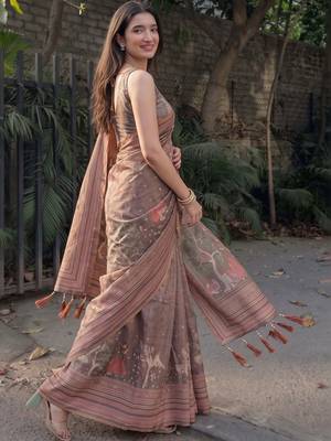 Brown ethnic motifs pure cotton saree 3