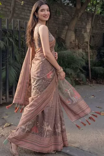 Brown ethnic motifs pure cotton saree