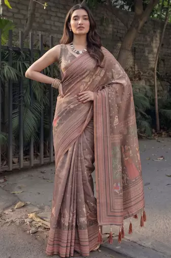 Brown ethnic motifs pure cotton saree
