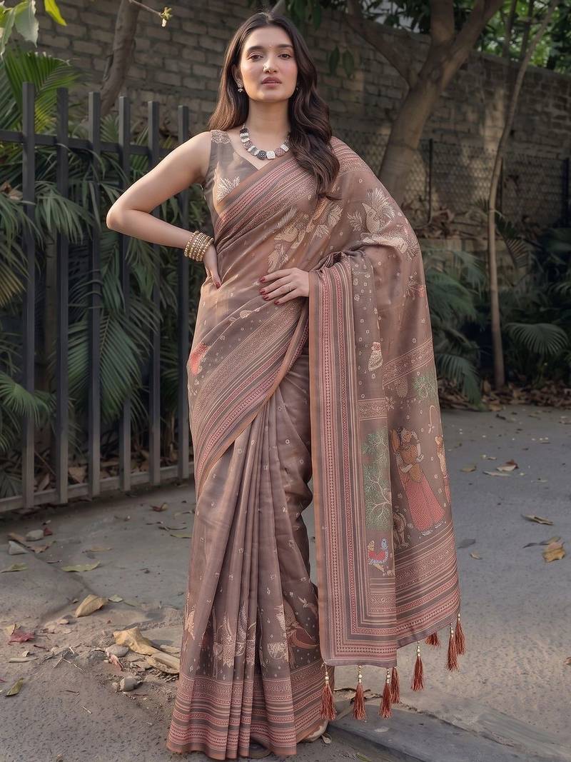 Brown ethnic motifs pure cotton saree