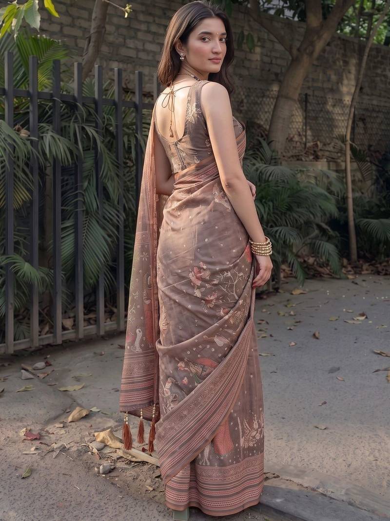 Brown ethnic motifs pure cotton saree