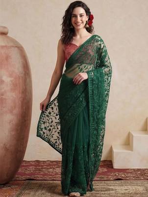 green embellished embroidered net designer saree 1