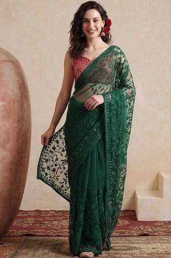 green embellished embroidered net designer saree