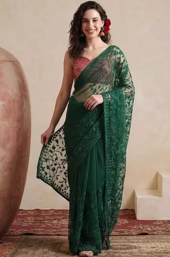 green embellished embroidered net designer saree