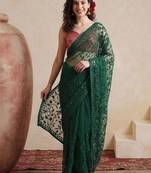 green embellished embroidered net designer saree
