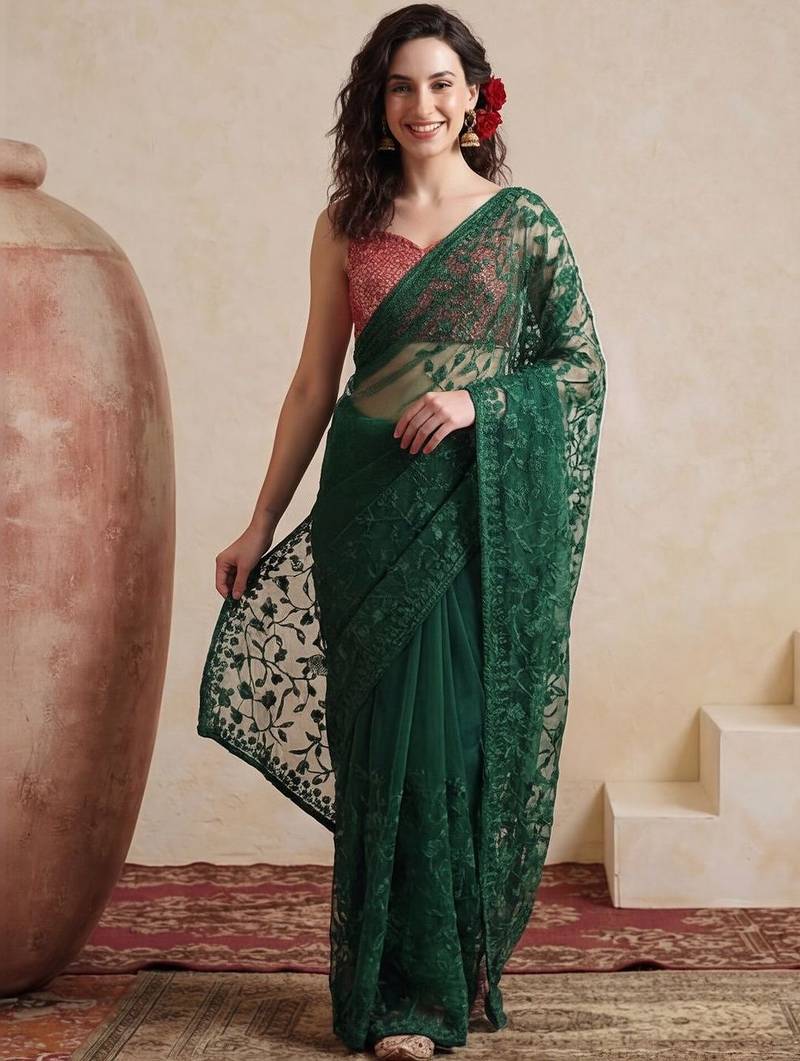 green embellished embroidered net designer saree