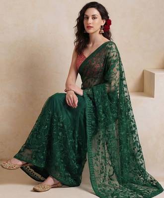 green embellished embroidered net designer saree 2