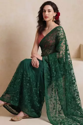 green embellished embroidered net designer saree