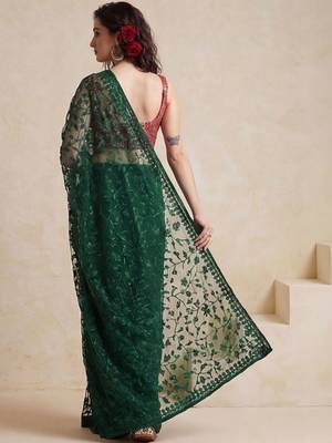 green embellished embroidered net designer saree 3