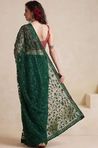 green embellished embroidered net designer saree
