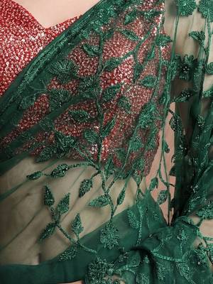 green embellished embroidered net designer saree 4