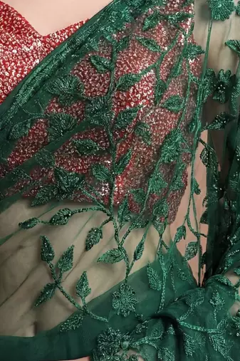 green embellished embroidered net designer saree