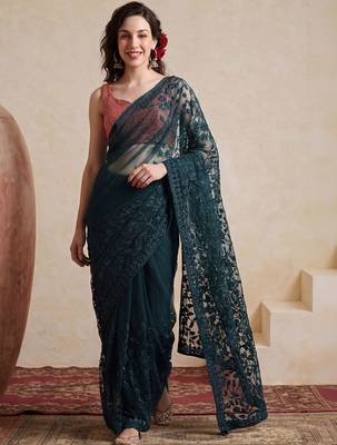 Teal embellished embroidered net designer saree 1