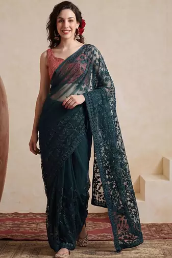 Teal embellished embroidered net designer saree