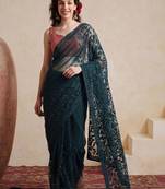 Teal embellished embroidered net designer saree
