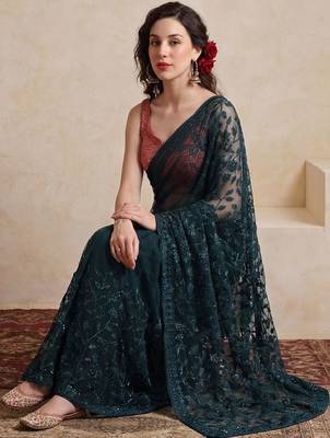 Teal embellished embroidered net designer saree 2