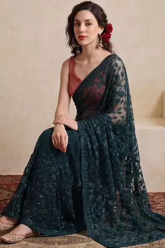 Teal embellished embroidered net designer saree
