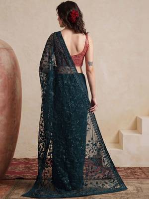 Teal embellished embroidered net designer saree 3