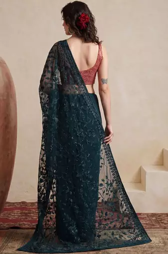 Teal embellished embroidered net designer saree
