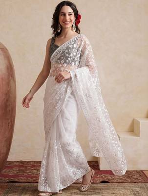 white embellished embroidered net designer saree 1