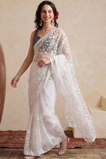 white embellished embroidered net designer saree