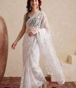 white embellished embroidered net designer saree