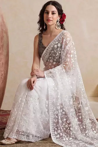 white embellished embroidered net designer saree