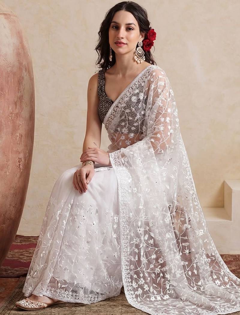 white embellished embroidered net designer saree